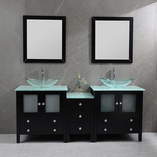 76" Freestanding Wooden Modern Bathroom Vanity with Double Vessel Sink Set Bathroom Mirror Included