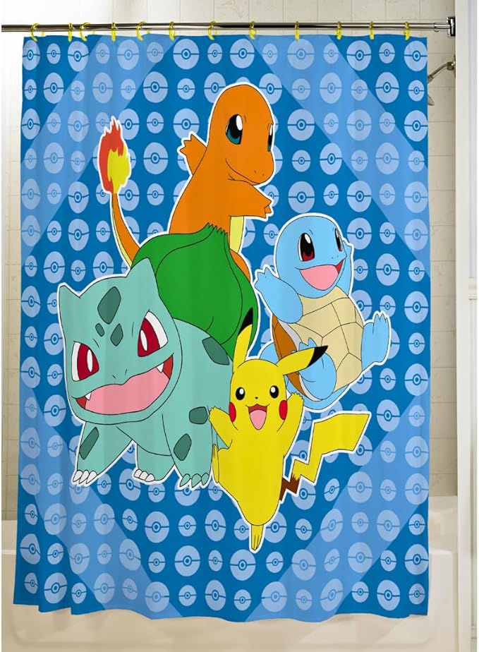 Pokemon Anime 13-Piece Shower Curtain Set, 72 x 72 Inch Fabric Curtain with Hooks, Bathroom Decor, Machine Washable, (100% Officially Licensed Product) by Franco Collectibles
