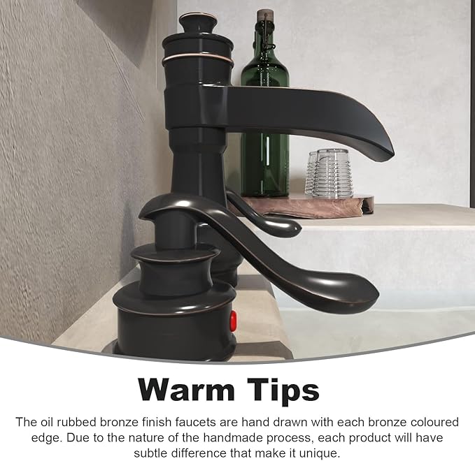 BWE Waterfall Widespread Bathroom Faucet 3 Hole Oil Rubbed Bronze Farmhouse 8 Inch Pop Up Drain Stopper Assembly Overflow Supply Line Faucets Parts Two Handle Bath Vanity Lavatory Sink
