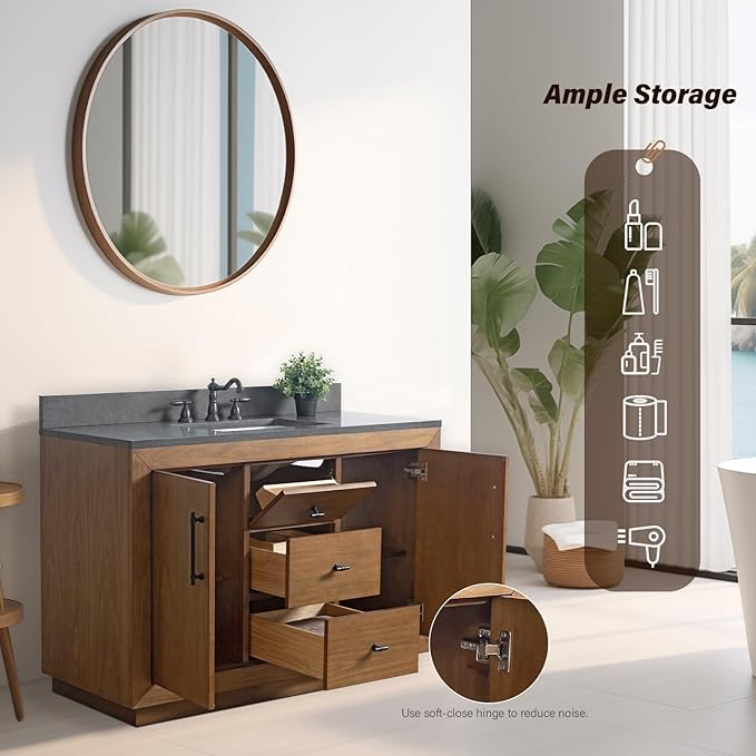 HOMEBEYOND 48" Bathroom Vanity with Single Sink & Ceramic Top, MDF Material Vanity Cabinet with Basin Combo, Soft-Closing Doors, Removable Shelf, Backsplash, Tan