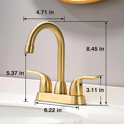 Bathroom Sink Faucet with Pop-up Drain Assembly, Brushed Gold Vanity Faucet 2-Handle for 4 Inch Sink，Modern Centerset Bathroom Faucet with Supply Hose Lead-Free