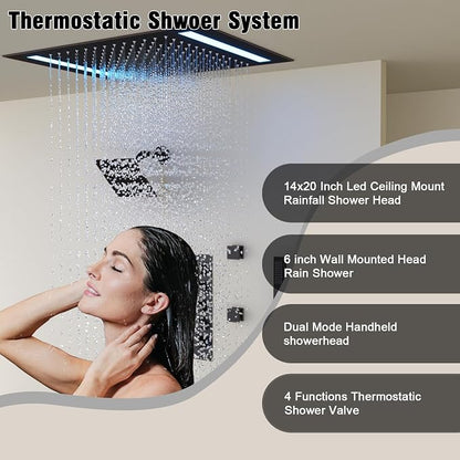 Thermostatic Shower System with 14x20 Inch Ceiling Mount LED Head & 6 Inch Wall Head and Handheld Shower 4 Function Vale with body jets, Oil Rubbed Bronz