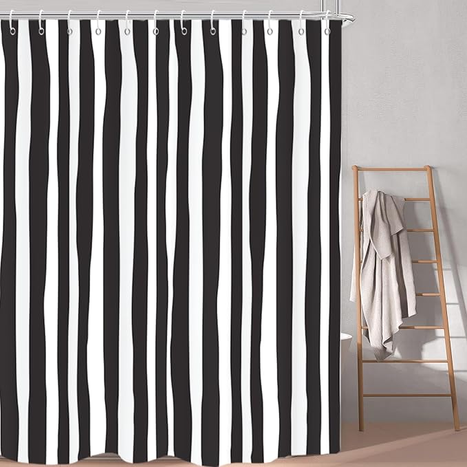 Black and White Extra Long Shower Curtain, Striped Boho Minimalist Modern Waterproof Fabric Machine Washable for Bathroom Bathtub with Hooks 72Wx84H
