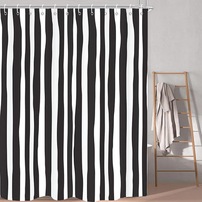 Black and White Extra Long Shower Curtain, Striped Boho Minimalist Modern Waterproof Fabric Machine Washable for Bathroom Bathtub with Hooks 72Wx84H