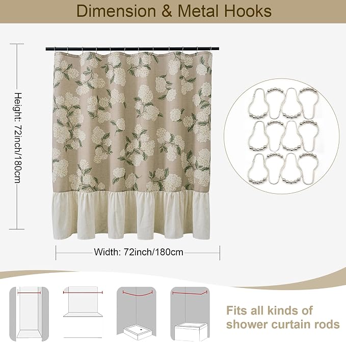 ORTIGIA Linen Textured Ruffle Shower Curtain with Metal Hooks, Off-White Cream Floral Hydrangea Waterproof Bath Curtain for Rustic Farmhouse Bathroom Decor 72x72 Inch
