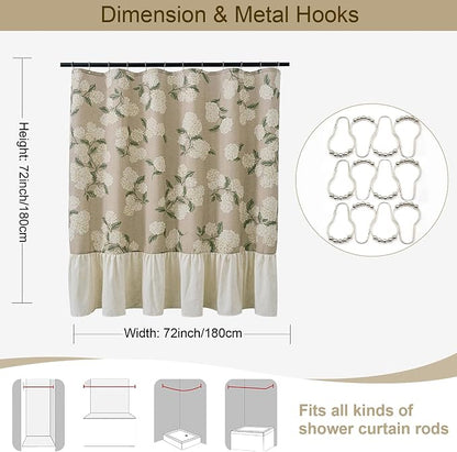 ORTIGIA Linen Textured Ruffle Shower Curtain with Metal Hooks, Off-White Cream Floral Hydrangea Waterproof Bath Curtain for Rustic Farmhouse Bathroom Decor 72x72 Inch