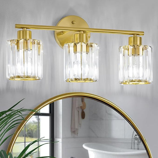 Crystal Bathroom Light Fixtures, Bathroom Lighting Fixtures Over Mirror, Modern 3-Light Gold Vanity Lights for Mirror, Restroom, Kitchen(Ceramic E26 Socket,Bulbs Not Include)