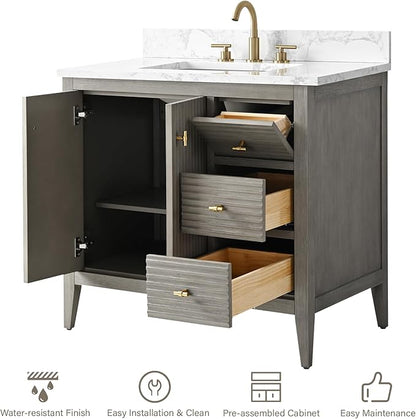 HOMEBEYOND 36" Bathroom Vanity with Sink, Solid Wood Bathroom Vanity Free-Standing Cabinet, Drawers, Ceramic Top & Soft Closing Door, Golden Brushed Handware, Driftwood Gray