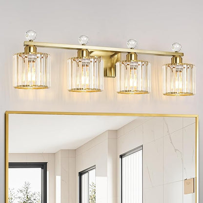Modern Crystal Bathroom Vanity Light, 4-Lights Bathroom Light Fixtures, Brass Gold Vanity Lighting Fixtures Over Mirror, Brushed Wall Sconce Light for Bedroom, Kitchen, Living Room, Gallery, E26 Base