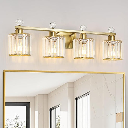 Modern Crystal Bathroom Vanity Light, 4-Lights Bathroom Light Fixtures, Brass Gold Vanity Lighting Fixtures Over Mirror, Brushed Wall Sconce Light for Bedroom, Kitchen, Living Room, Gallery, E26 Base