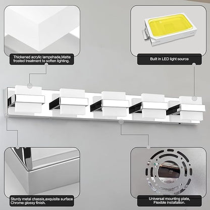 SOLFART Chrome Bathroom Light Fixture, 5 Light LED Vanity Lights Over Mirror, Lights for Bathrooms,5 Color Temperature Adjustable Vanity Lights for Bath Nickel