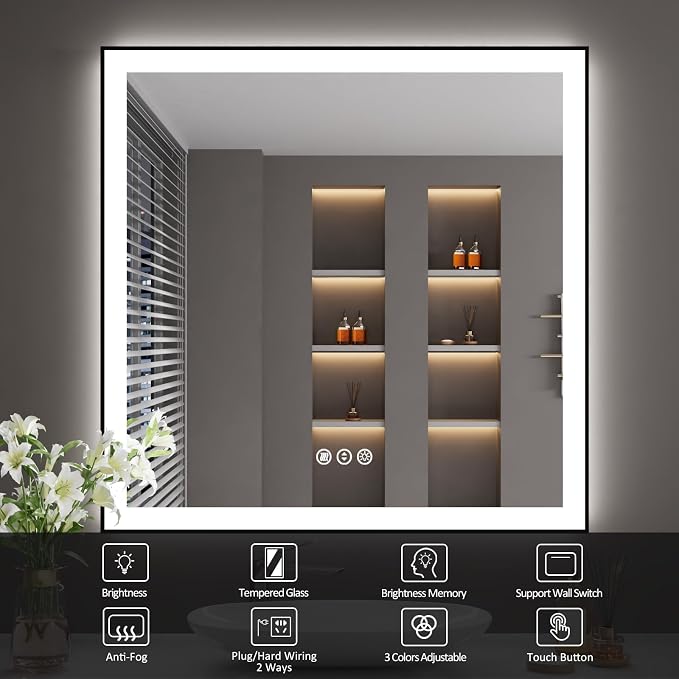 40x38 Inch LED Bathroom Mirror with Black Frame | Black Metal Frame, Front and Backlit, 3 Colors, Dimmable, Memory, Anti Fog, Tempered Glass, Lighted Mirror for Wall