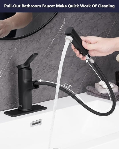 Pull Out Bathroom Faucet, Single Handle Bathroom Sink Faucet with Pull Out Sprayer, Bathroom Faucet for Sink, with Pop-up Drain & Deck Plate 1 or 4-inch Centerset 3 Hole, Matte Black
