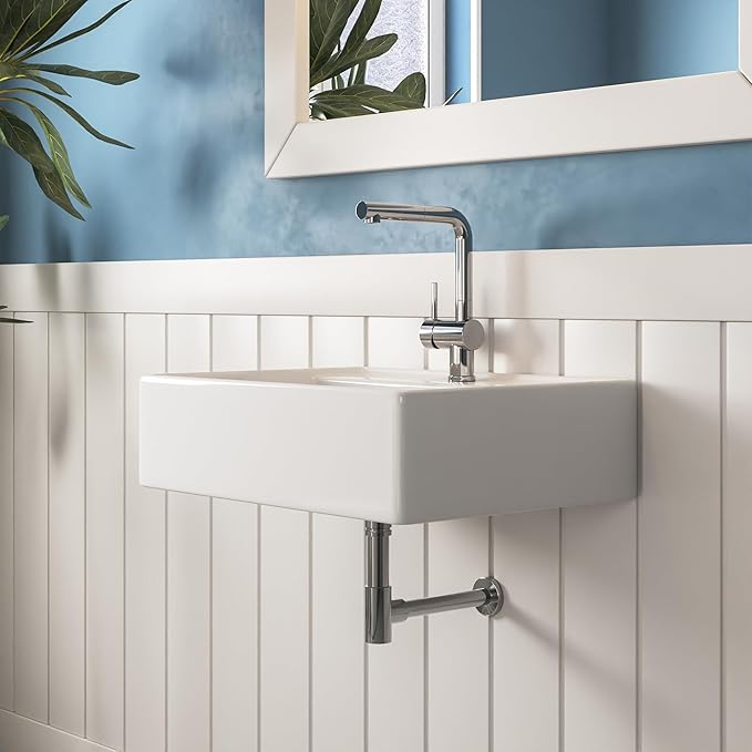DeerValley 23x18 Inch Wall Mounted Bathroom Sink, White Ceramic Rectangular Vessel Sink with Overflow and Faucet Hole, Art Sink, DV-1WS0127