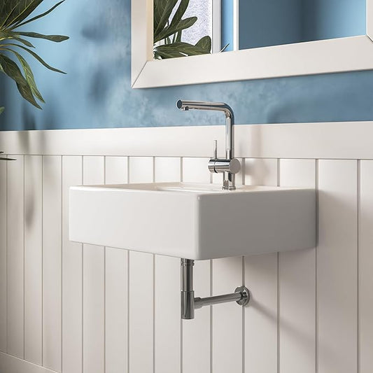 DeerValley 23x18 Inch Wall Mounted Bathroom Sink, White Ceramic Rectangular Vessel Sink with Overflow and Faucet Hole, Art Sink, DV-1WS0127