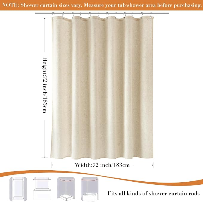 Linen Shower Curtain for Bathroom 72x72 Inch 1 Panel Beige Color | Weighted Fabric Shower Curtains with Hooks, Water Repellent, Neutral Rustic Boho Farmhouse, Simple Luxury Bath Curtain Decor