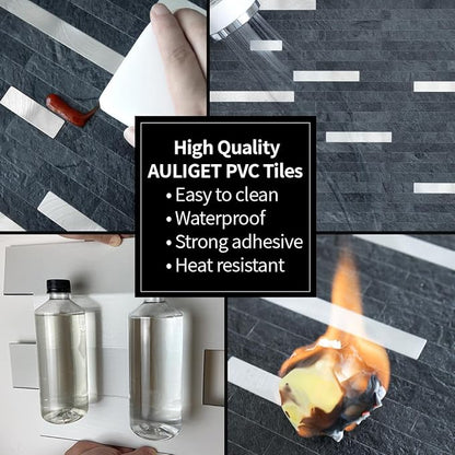 AULIGET 2 Sheets Black Slate Peel and Stick Backsplash, PVC Mixed Metal Silver Wall Tile Stick on Backsplash for Kitchen and Bathroom