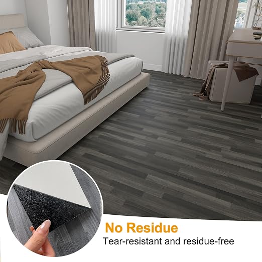 Countewol Stick Vinyl Flooring Roll, Dark Grey Spliced Wood Grain PVC Floor Sheet, Waterproof Scratch Resistant Self Adhesive Flooring for Indoor Home, Camper & Rental House