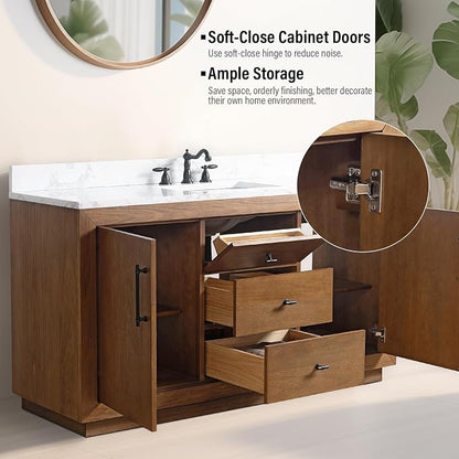 Vanity Art 60 inch Bathroom Vanity with Single Sink, Modern Wood Bath Vanity with Carrara Marble Top, Vanity Cabinet with Doors， Removable Shelf, Solid Wood Frame, Ceramic Sink, Tan, VA7060E