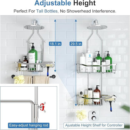 Upgraded Extended Length Shower Organizer with Hooks, Rustproof Shampoo Soap Holder, Large Hanging Bathroom Caddy, Silver