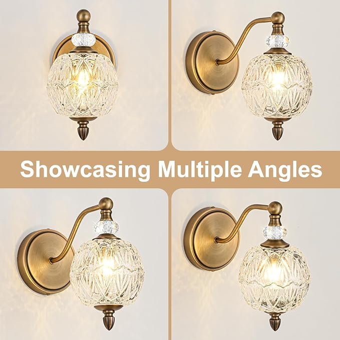 1 Piece Vintage Wall Sconce, 1-Light Mid Century Matte Antique Brass Finish Wall Sconce with Globe Glass Shade, Retro Light for Bathroom, Bedroom, Living Room,Powder Room