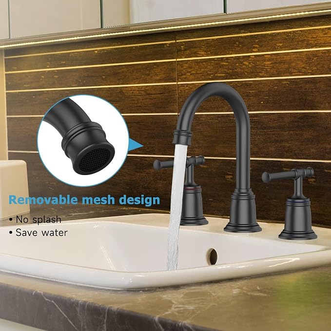 Classical 8 Inch Bathroom Faucet, Bathroom Faucets for Sink 3 Holes, Widespread Brushed Nickel Bathroom Faucet with Pop Up Drain and CUPC-Certified Safe Hose (Matte Black 2 Packs)