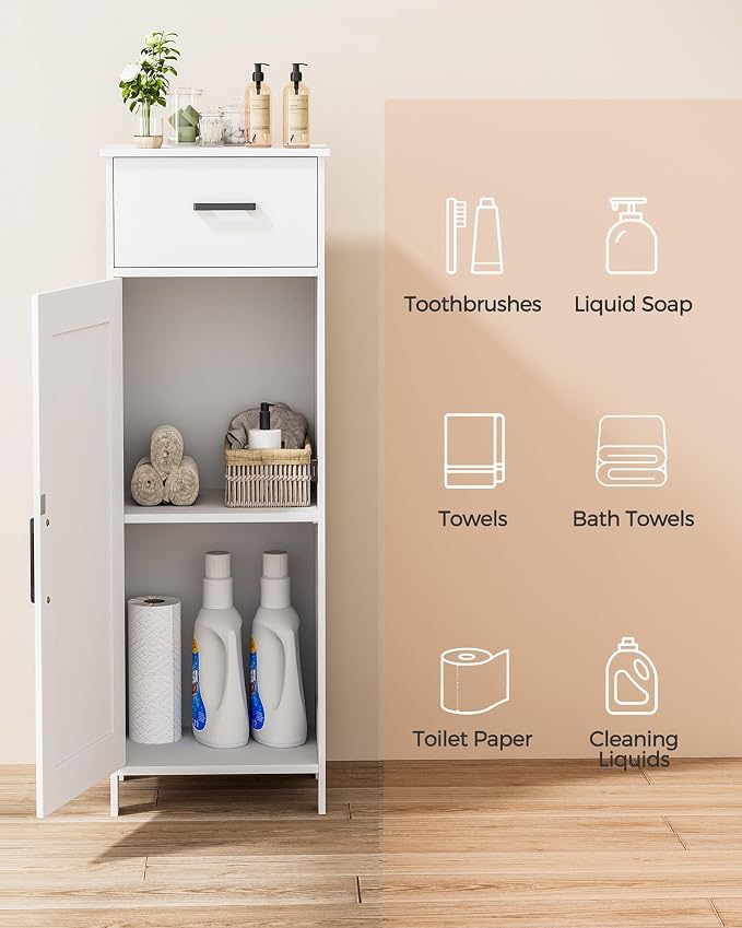 Homhedy Bathroom Storage Cabinet with Drawer & Adjustable Shelf | Freestanding Storage Cabinet for Bathroom, Entryway, Living Room & Kitchen, White, 11.8"W