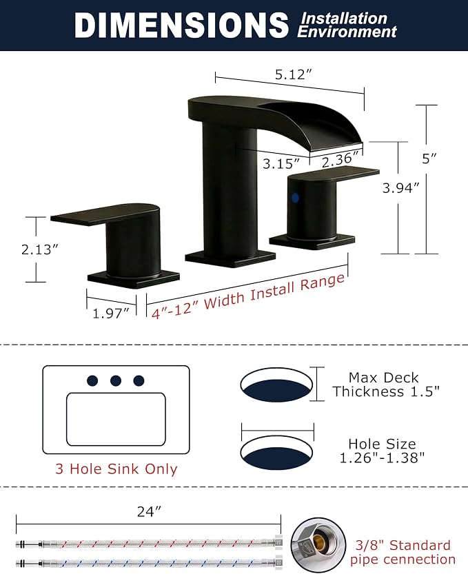Matte Black 8 Inch Widespread Bathroom Faucet 3 Hole, Waterfall Sink Faucet with Drain, Modern Aesthetic for Bathroom Upgrade & Renovation, Splash-Free Design, Stain-Resistant Finish
