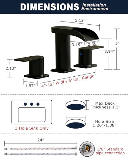 Matte Black 8 Inch Widespread Bathroom Faucet 3 Hole, Waterfall Sink Faucet with Drain, Modern Aesthetic for Bathroom Upgrade & Renovation, Splash-Free Design, Stain-Resistant Finish