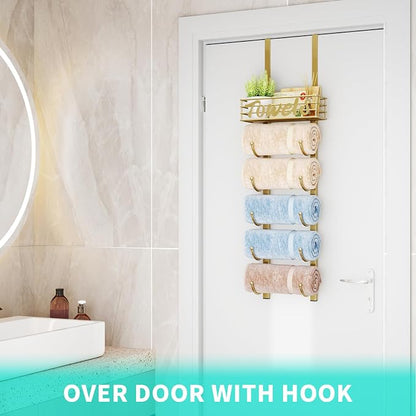 HapiRm Towel Racks for Bathroom Storage - 6 Tier Over The Door & Wall Mount Rolled Towel Storage Organizer Holder with Metal Shelf Basket for Small Bathroom, Camper, Rv - Gold, Patented