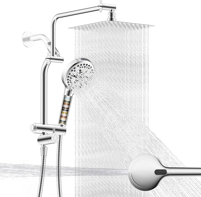 Metal 10" Rain Showerhead with 10-Spray Filter Handheld, 4-way Diverter | Chrome Finish, NSF/ANSI/CAN 372 Certified, High Pressure Shower Head with Pause Mode, 71" Stainless Steel Hose/12" Shower Arm
