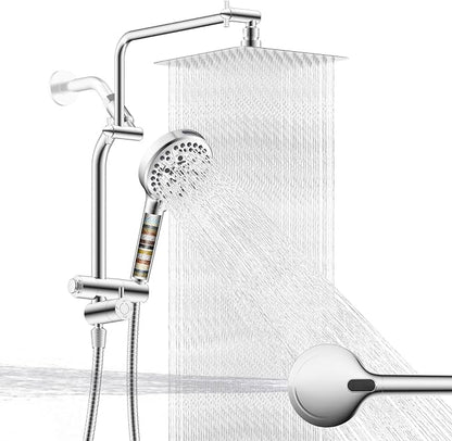 Metal 10" Rain Showerhead with 10-Spray Filter Handheld, 4-way Diverter | Chrome Finish, NSF/ANSI/CAN 372 Certified, High Pressure Shower Head with Pause Mode, 71" Stainless Steel Hose/12" Shower Arm