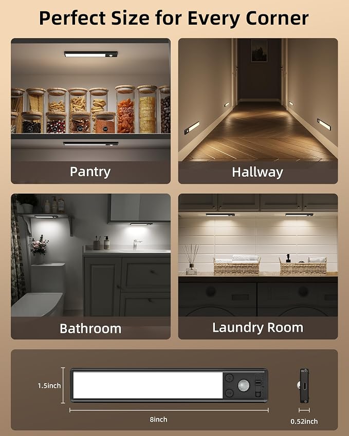 EZVALO 8" Under Cabinet Lighting, 2400mAh USB-C Rechargeable Motion Sensor Light, 3 Color Temps, 5-Level Dimmable Magnetic Wireless Closet Lights for Kitchen, Pantry, Stairs (2 Pack)