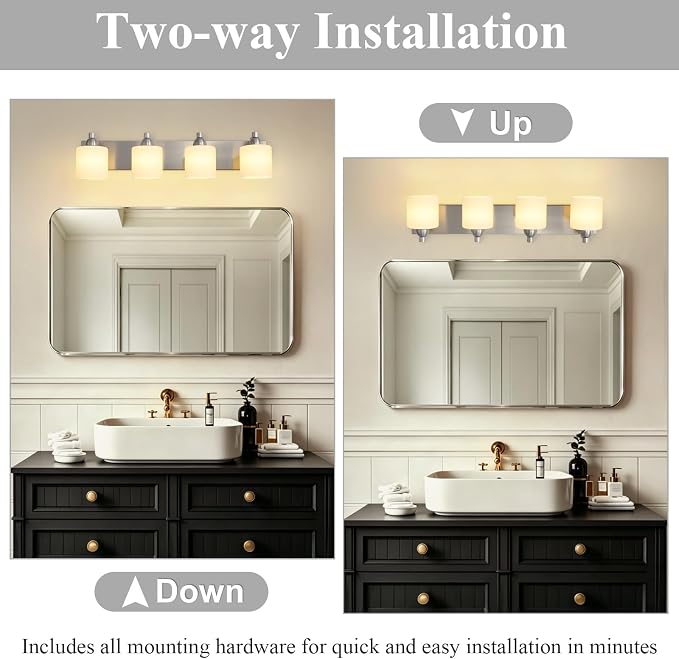 Mecgirn Stainless Steel Milk Glass Bathroom Vanity Light Over Mirror, 4 Light Brushed Nickel Bathroom Light Fixtures with Frosted Glass, Modern Vanity Lighting Wall Mount