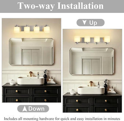 Mecgirn Stainless Steel Milk Glass Bathroom Vanity Light Over Mirror, 4 Light Brushed Nickel Bathroom Light Fixtures with Frosted Glass, Modern Vanity Lighting Wall Mount