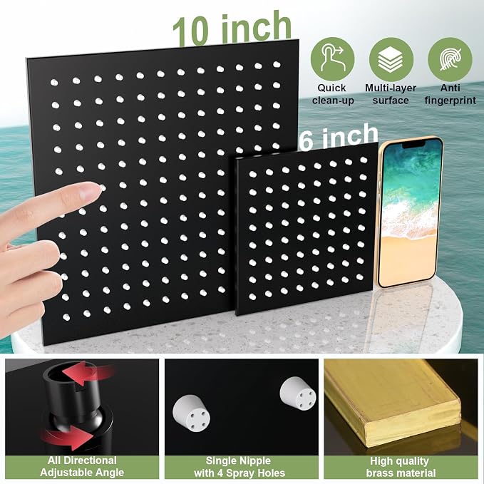 Enga Dual Shower Head System with Tub Spout, Ceiling Mount 10 Inch Shower Head with 6 Inch Wall Mount Shower Head, 4 Way Diverter Shower Faucet with 2 in 1 Handheld, Matte Black