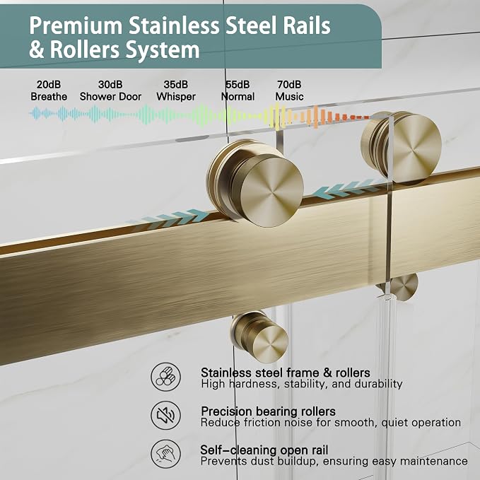 43-48" W x 76" H Frameless Double Sliding Shower Door for Walk-in Shower,5/16" (8mm) SGCC Certified Clear Tempered Safety Glass,Easy-Clean Coating,Quiet Heavy-Duty Roller System,Brushed Gold