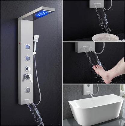 ROVATE 6-in-1 LED Rainfall Waterfall Shower Panel Tower System, Brushed | High Pressure Stainless Steel Shower Column with Tub Spout, 2-Setting Body Jets and Flexible Handheld, Water Flow Adjustable