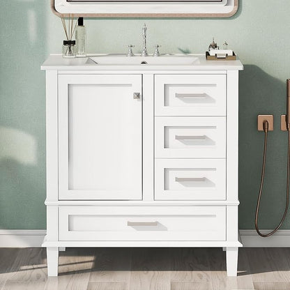 LUMISOL 30 Inch Bathroom Vanity with Sink, Wood Bathroom Storage Cabinet with Soft Closing Door and 3 Drawers, Freestanding Bathroom Vanities with Undermount Ceramic Sink, White