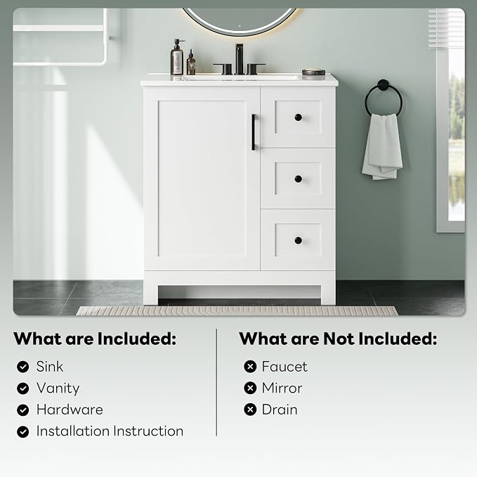LIKIMIO 30" Bathroom Vanity with Sink, 2 Soft-Close Drawers & 1 Door, White | Freestanding Bathroom Vanity, Integrated Rectangular Ceramic Sink, Modern Bathroom Storage Cabinet, Assembly Required