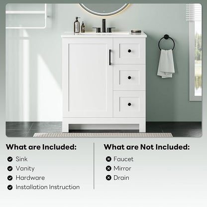LIKIMIO 30" Bathroom Vanity with Sink, 2 Soft-Close Drawers & 1 Door, White | Freestanding Bathroom Vanity, Integrated Rectangular Ceramic Sink, Modern Bathroom Storage Cabinet, Assembly Required