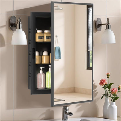 NLShan Medicine Cabinet Mirror for Bathroom: Recessed Vanity Bathroom Cabinet with Mirror Door - Black Metal Framed and Wall Mounted Design with Adjustable Shelves for Bathroom Storage - 16x24 inch