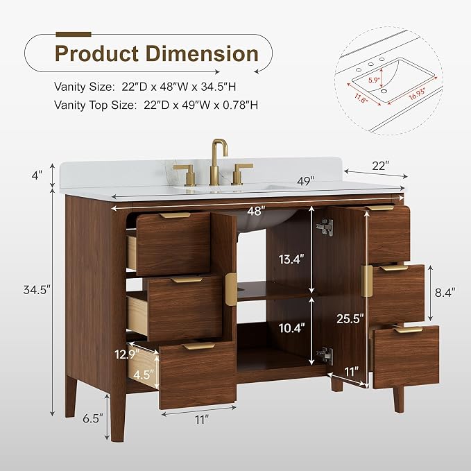 48 Inch Walnut Bathroom Vanity with Sink, Fully Assembled Solid Wood Bathroom Vanities with Soft Close Parquet Doors, Full Extension Dovetail Drawers, Calacatta Quartz Top & Backsplash