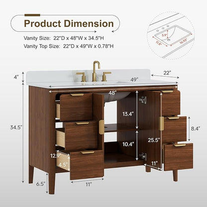 48 Inch Walnut Bathroom Vanity with Sink, Fully Assembled Solid Wood Bathroom Vanities with Soft Close Parquet Doors, Full Extension Dovetail Drawers, Calacatta Quartz Top & Backsplash