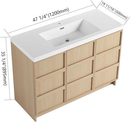 48-Inch Bathroom Vanity with Sink Mid-Century Bathroom Vanities with Top Basin Floor Wood Bathroom Sink Cabinet with Soft-Close Doors & Adjustable Storage Shelves (Oak)