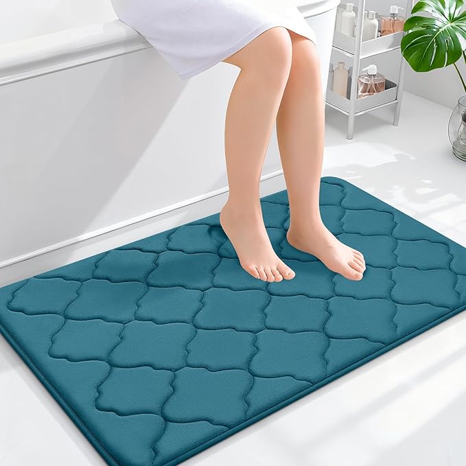 OLANLY Memory Foam Bath Mat Rug 36x24, Ultra Soft and Absorbent Bathroom Rugs, Non-Slip, Comfortable, Machine Washable Bath Carpet for Bathroom Floor, Shower and Home Decor Accessories, Peacock Blue