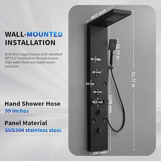 BWE Stainless Steel Shower Panel Tower System,Rainfall Waterfall Shower Head,3 Functions Handheld Shower Head,Two Modes Massage Body Jets,with Tub Spout,5 in 1 Shower Panel System,Matte Black