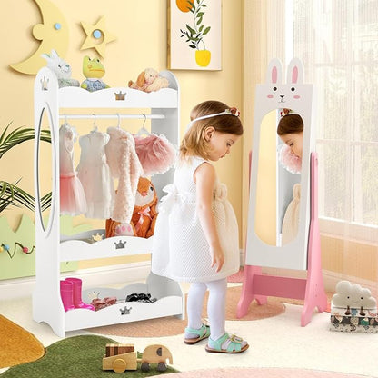 HONEY JOY Kids Jewelry Armoire Cabinet, Rabbit Themed Wooden Standing Jewelry Organizer w/Full-length Mirror and Storage Drawers, Children Dress Up Jewelry Cabinet for Little Girls (White)