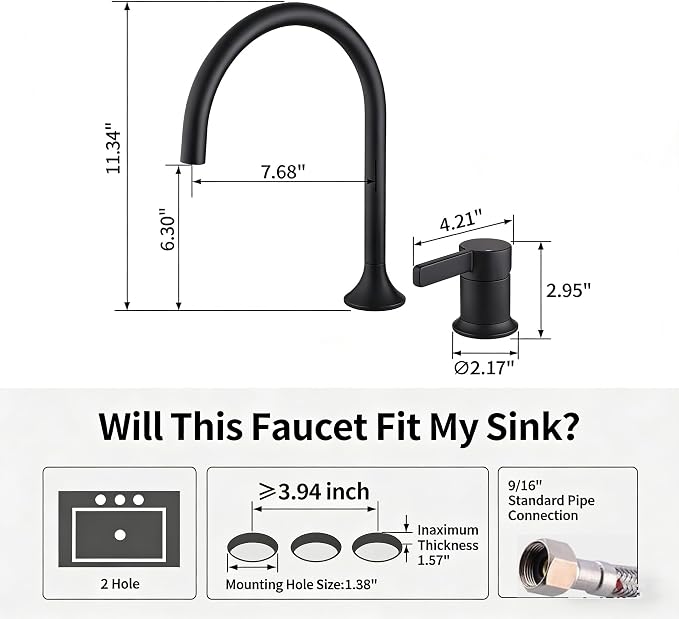 Bathroom Faucets Matte Black,Single Handle Brass Widespread Basin Faucet for Sink,High Arc Gooseneck Bathroom Sink Faucet 2 Hole,Vanity Vessel Sink Faucet Mixer Tap