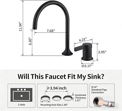 Bathroom Faucets Matte Black,Single Handle Brass Widespread Basin Faucet for Sink,High Arc Gooseneck Bathroom Sink Faucet 2 Hole,Vanity Vessel Sink Faucet Mixer Tap
